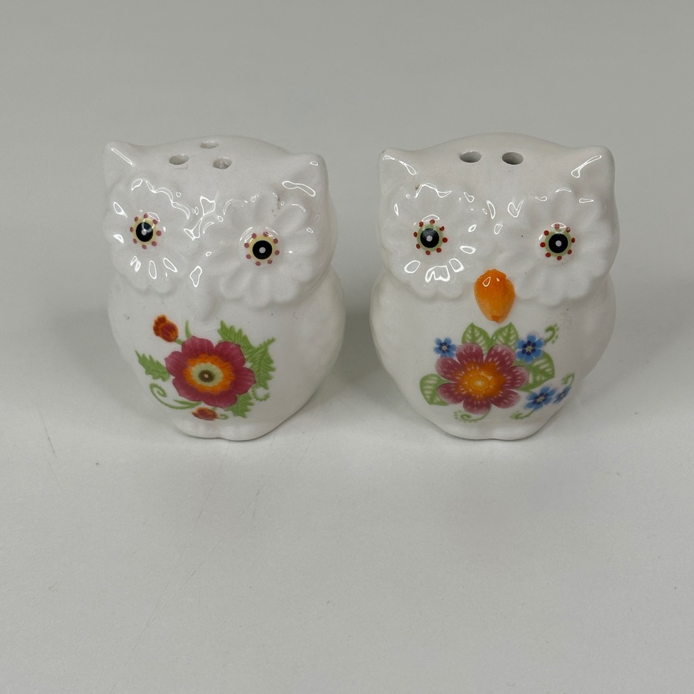 White Ceramic Owl Salt and Pepper Shakers Floral Bird Set 2.5 Inch